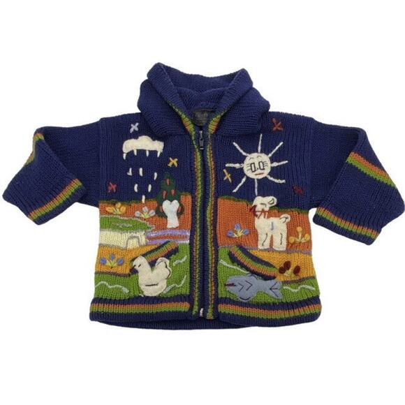 Martin Cone Children's Hooded Cardigan 100% Wool hand made Ecuador animals lambs - Picture 9 of 12
